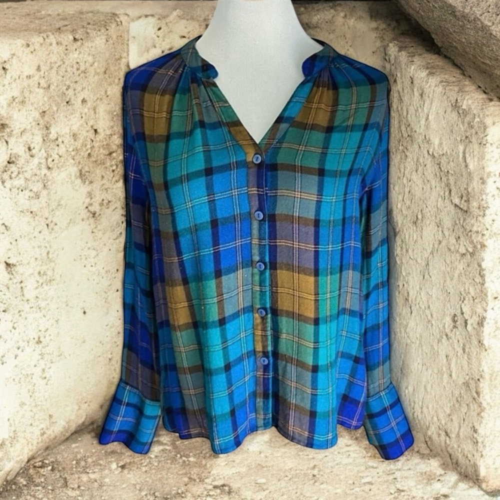 NWOT Kut From The Kloth Long Sleeve Madras Button Down Shirt